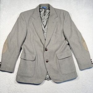Pendleton Wool Blazer Mens 42 Grey Houndstooth Elbow Patches Vintage Made in USA
